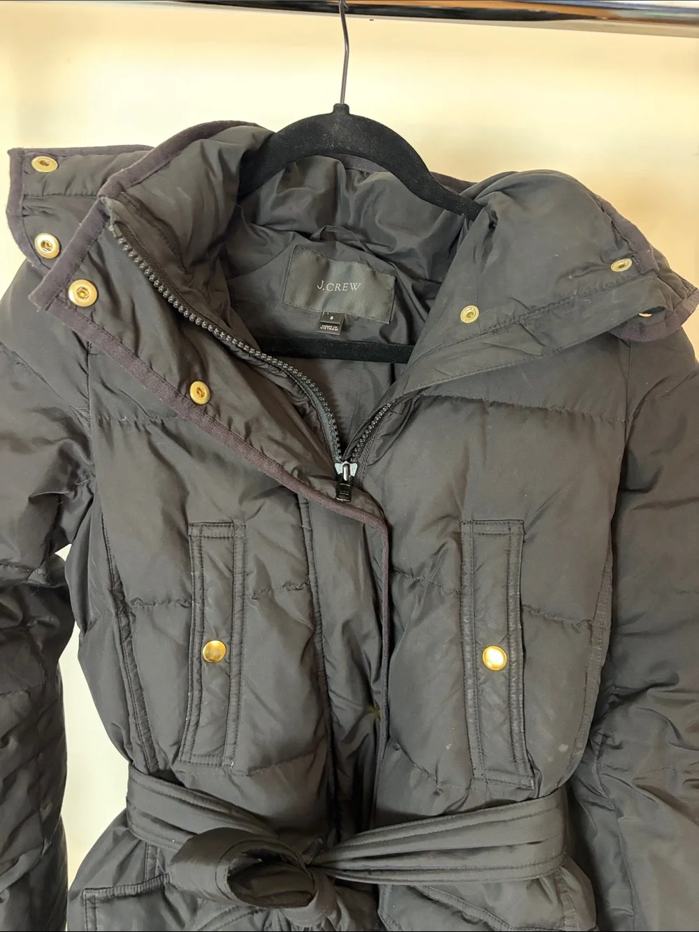 J.Crew Black Quilted Belted Down Puffer Coat Gold-Tone Hardware Detachable Hood